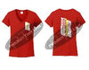 Red Womens Thin YELLOW Line Tattered American Flag V Neck Short Sleeve Shirt