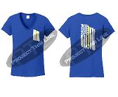 Royal blue Womens Thin YELLOW Line Tattered American Flag V Neck Short Sleeve Shirt