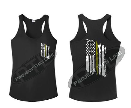 Black Tattered Thin GOLD Line American Flag Racerback Tank Top