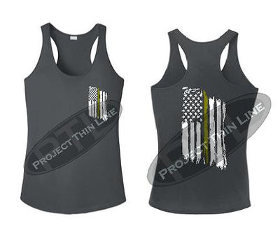 Charcoal Tattered Thin GOLD Line American Flag Racerback Tank Top