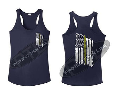 Navy Blue Tattered Thin GOLD Line American Flag Racerback Tank Top