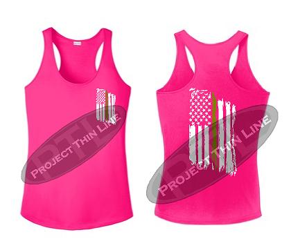 Pink Tattered Thin GOLD Line American Flag Racerback Tank Top