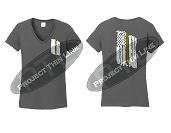 Charcoal Short Cap Sleeve Shirt Thin GOLD Line Tattered American Flag V Neck