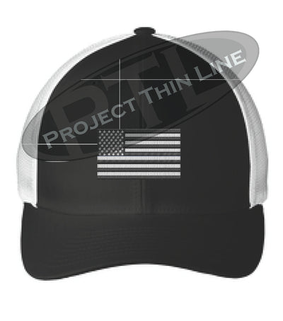 Black / White Embroidered Tactical / Subdued American Flag Flex Fit Fitted TRUCKER Hat