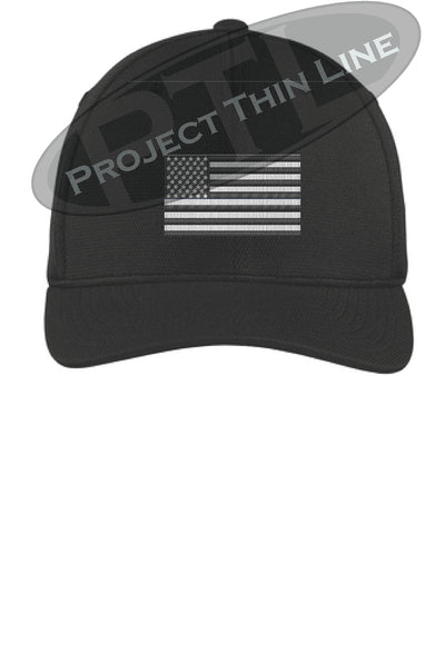 Black Embroidered Tactical / Subdued American Flag Flex Fit Fitted TRUCKER Hat