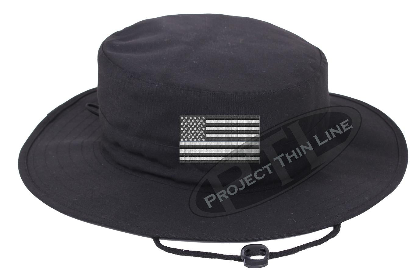 Embroidered TACTICAL Subdued Black and White American Flag Boonie Adjustable Hat