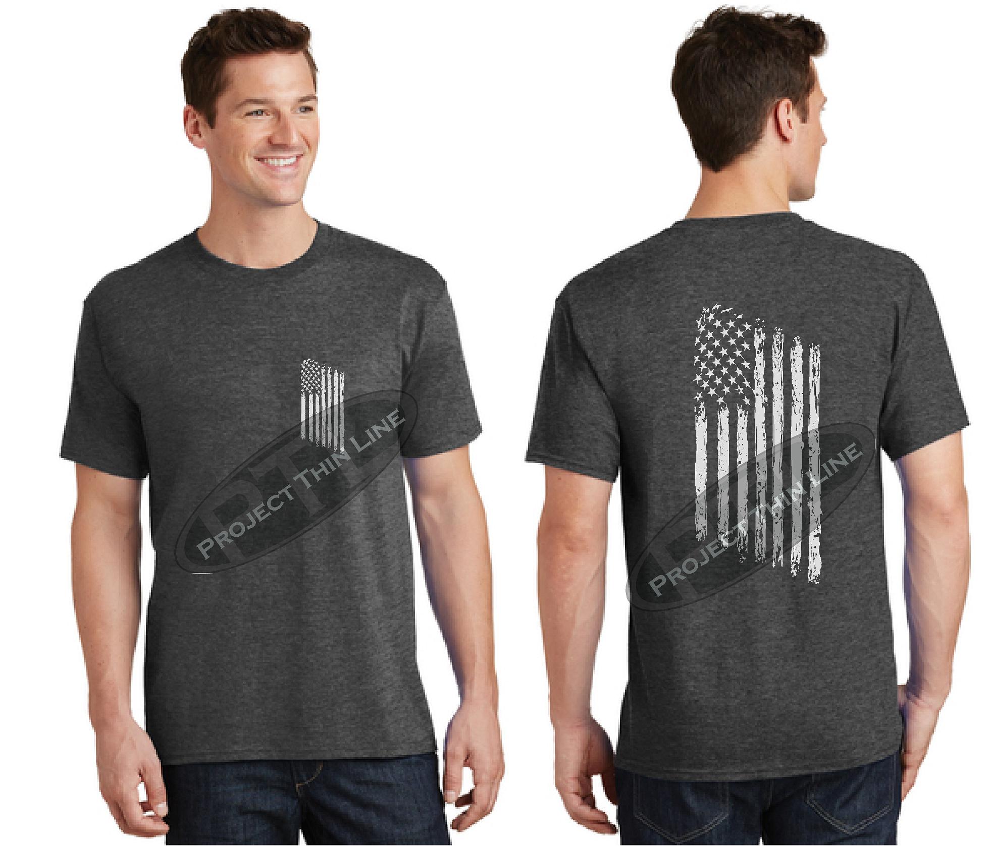 Dark Grey TACTICAL Line Tattered American Flag Short Sleeve Shirt