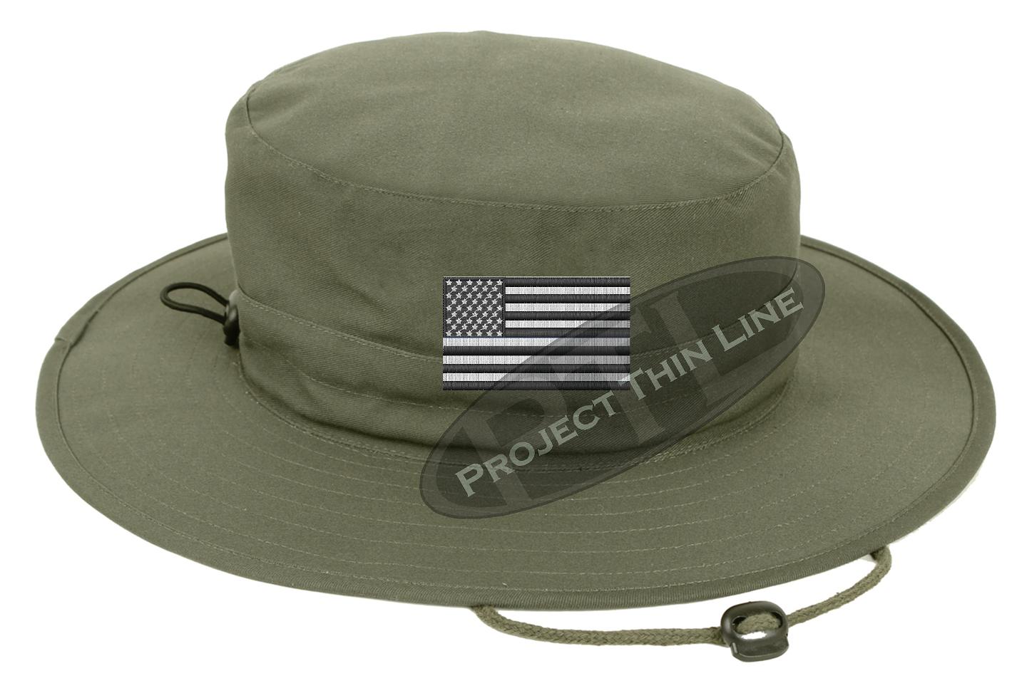 Embroidered TACTICAL Subdued Black and White American Flag Boonie Adjustable Hat