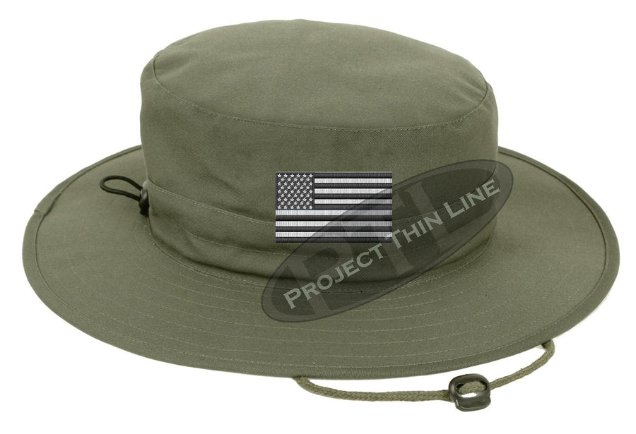 Embroidered TACTICAL Subdued Black and White American Flag Boonie Adjustable Hat
