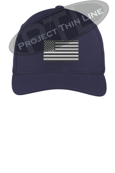 Navy Embroidered Tactical / Subdued American Flag Flex Fit Fitted Hat