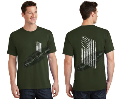OD Green TACTICAL Line Tattered American Flag Short Sleeve Shirt