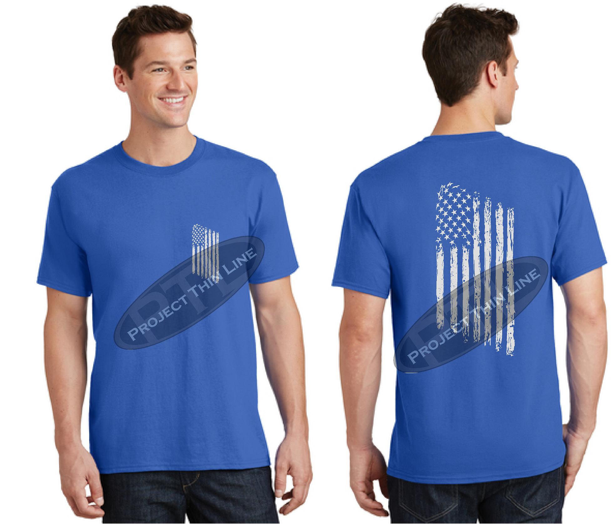 Royal Blue TACTICAL Line Tattered American Flag Short Sleeve Shirt