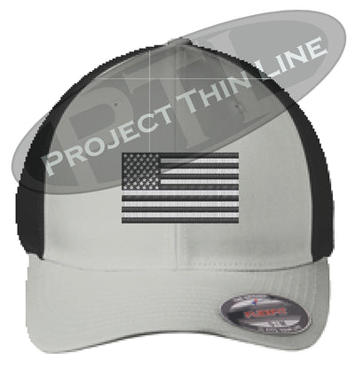 Grey / Black Embroidered Tactical / Subdued American Flag Flex Fit Fitted TRUCKER Hat