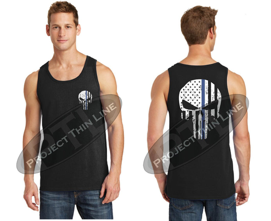 Thin BLUE Line Tattered Skull Flag Tank Top