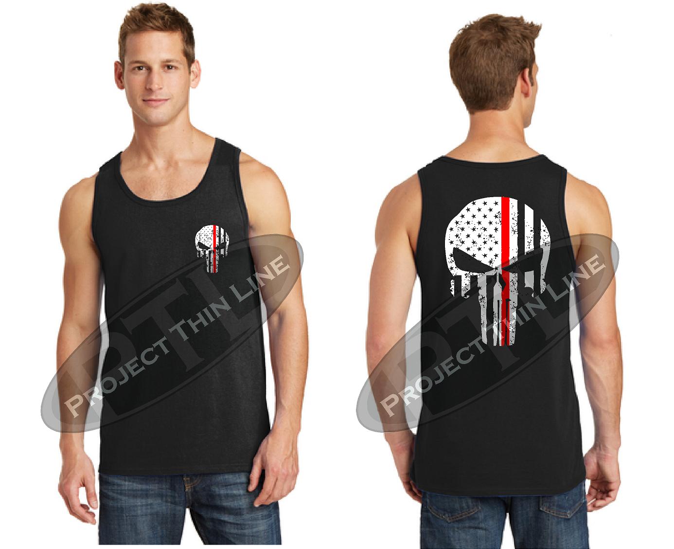 Black Thin RED Line Tattered Skull American Flag Tank Top