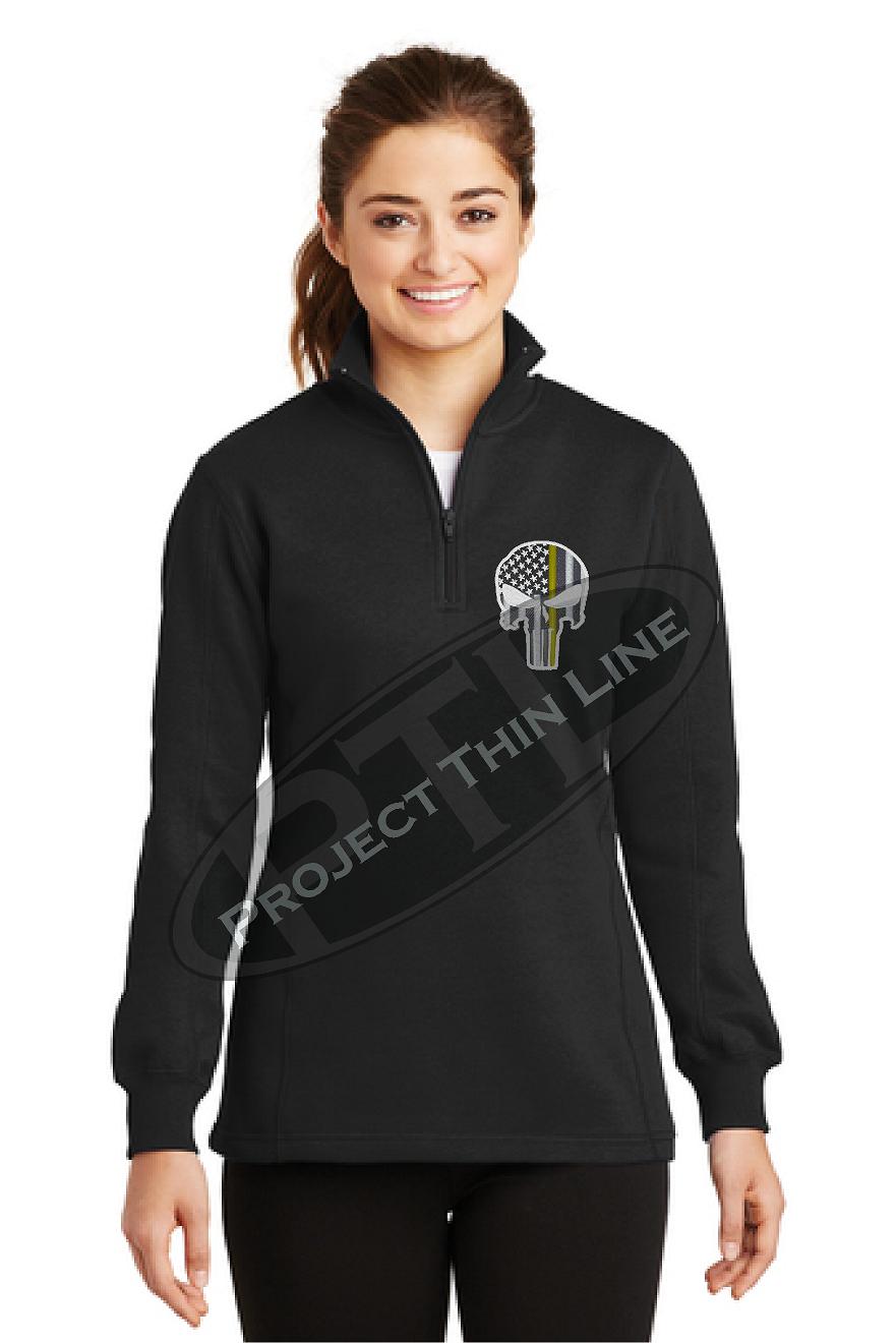 Ladies Thin Yellow Line Punisher Skull 1/4 Zip Fleece BLACK Sweatshirt