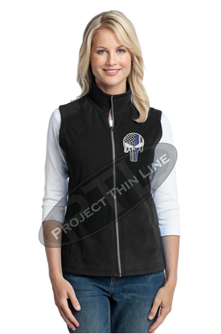 BLACK Womens Embroidered Thin Blue Line Punisher Skull Microfleece Vest
