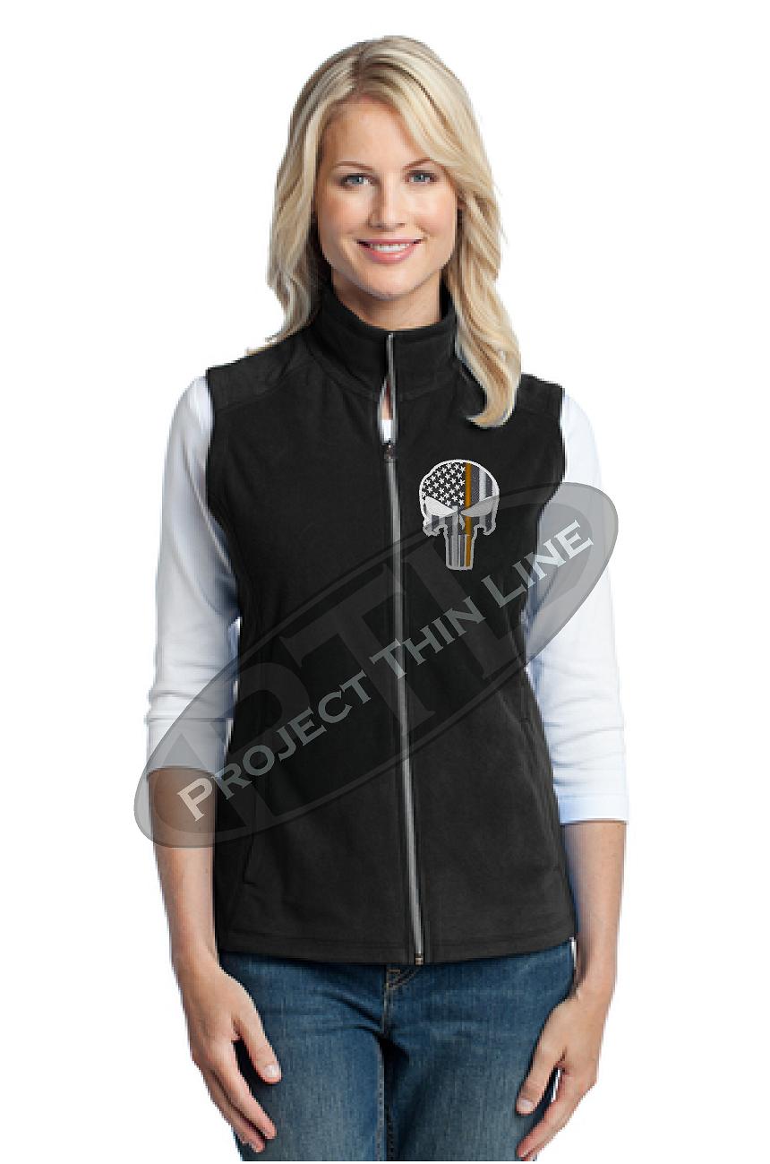 Ladies Thin Orange Line Skull inlayed with Subdued American Flag Black Microfleece Vest