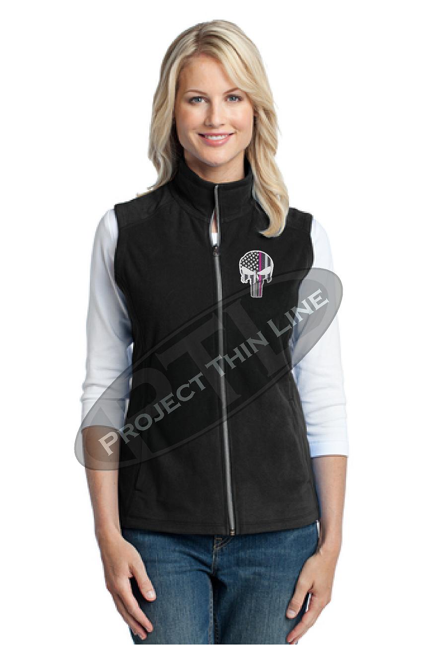 Ladies Thin Pink Line Punisher Skull Black Microfleece Vest