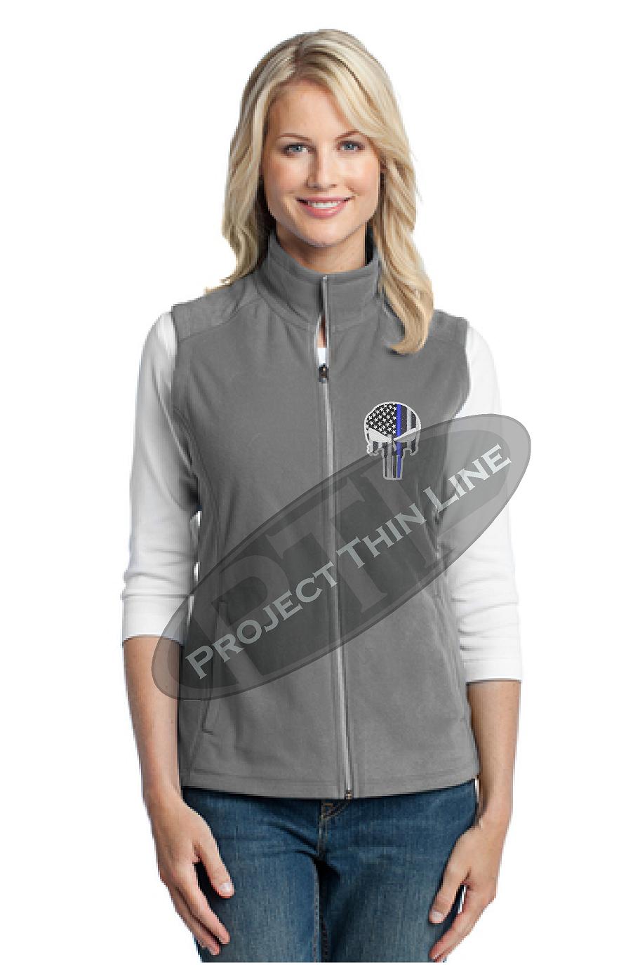 Ladies Grey Thin Blue Line Punisher Skull Microfleece Vest