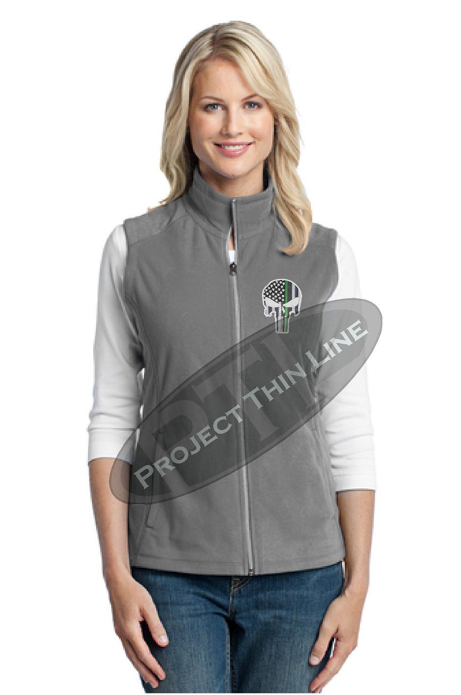 Ladies GREY Thin Green Line Punisher Skull Microfleece Vest
