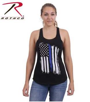 Rothco Women's Thin Blue Line Tattered Vertical Flag Racerback Tank Top