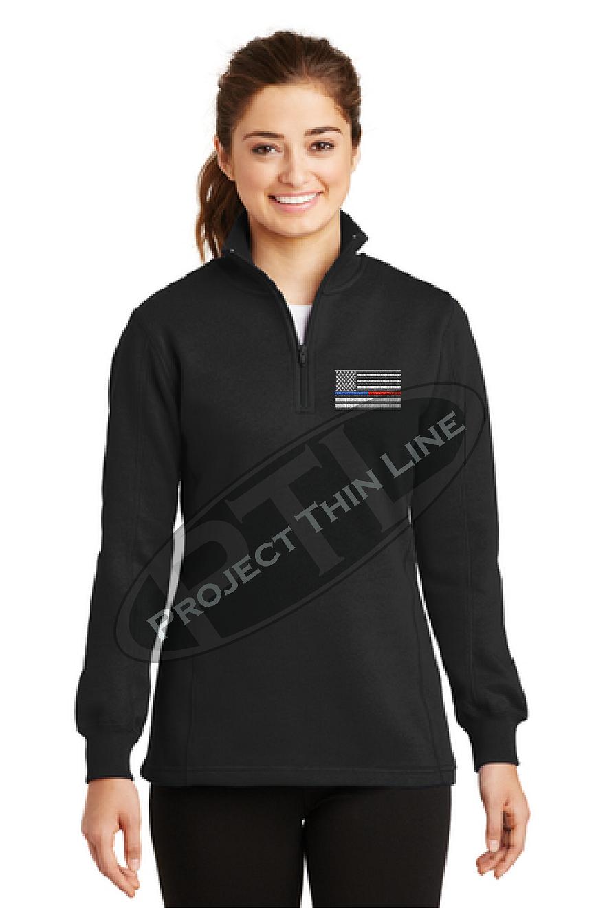 Black Ladies Embroidered Thin Blue / Red Line American Flag 1/4 Zip Fleece Sweatshirt