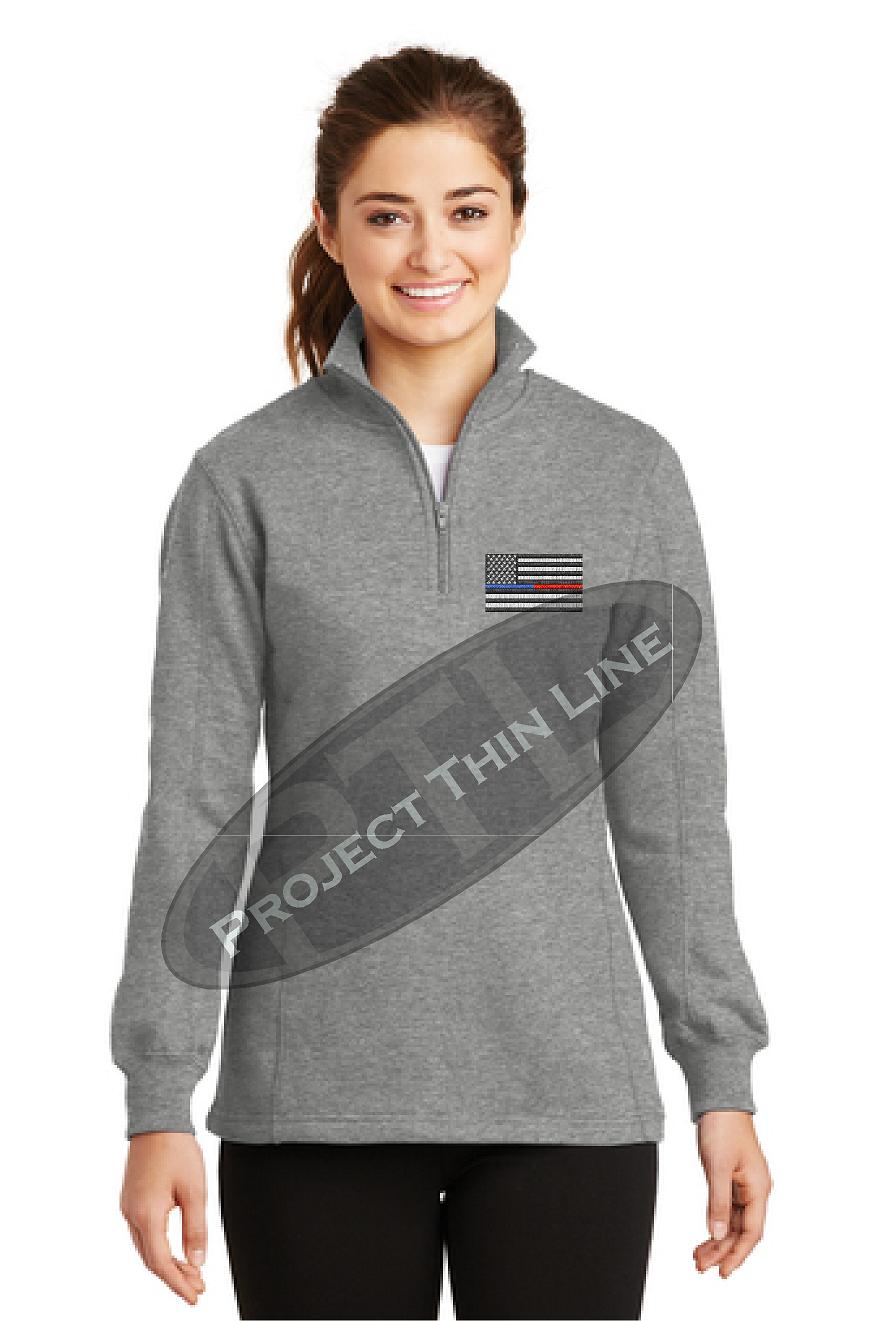 Grey Ladies Thin Blue / Red Line American Flag 1/4 Zip Fleece Sweatshirt
