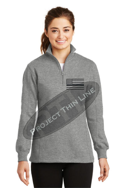 Grey Women's Embroidered Thin Silver Line American Flag 1/4 Zip Fleece Sweatshirt