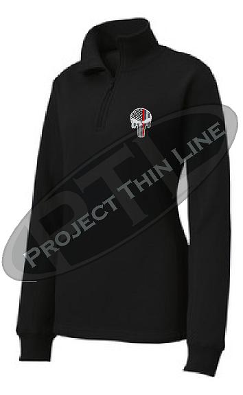 Black Women's Thin Red Line Punisher Skull 1/4 Zip Fleece Sweatshirt