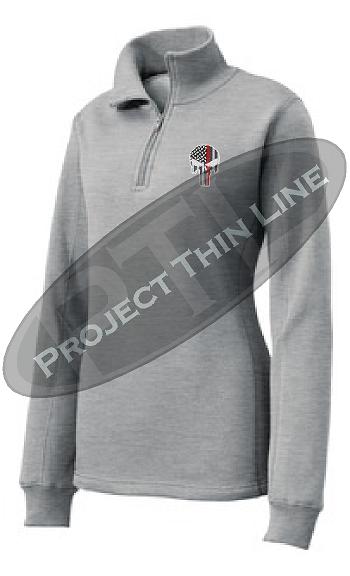 Light Grey Women's Thin Red Line Punisher Skull 1/4 Zip Fleece Sweatshirt