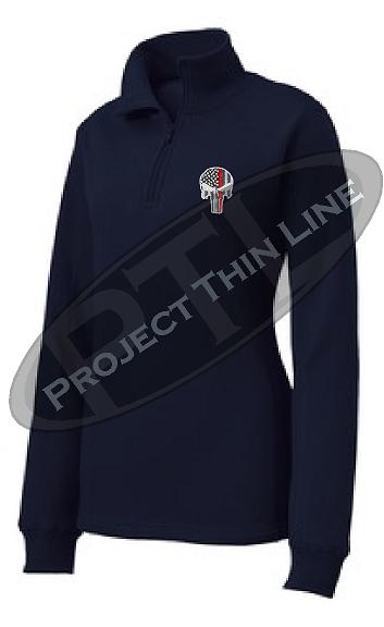 Blue Women's Thin Red Line Punisher Skull 1/4 Zip Fleece Sweatshirt