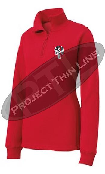 Red Women's Thin Red Line Punisher Skull 1/4 Zip Fleece Sweatshirt