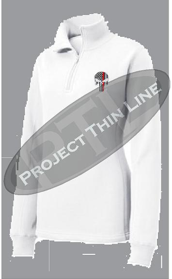 White Women's Thin Red Line Punisher Skull 1/4 Zip Fleece Sweatshirt