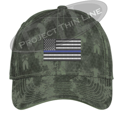 Green Washed Camo Thin Blue Line American Flag Flex Fit Fitted Hat