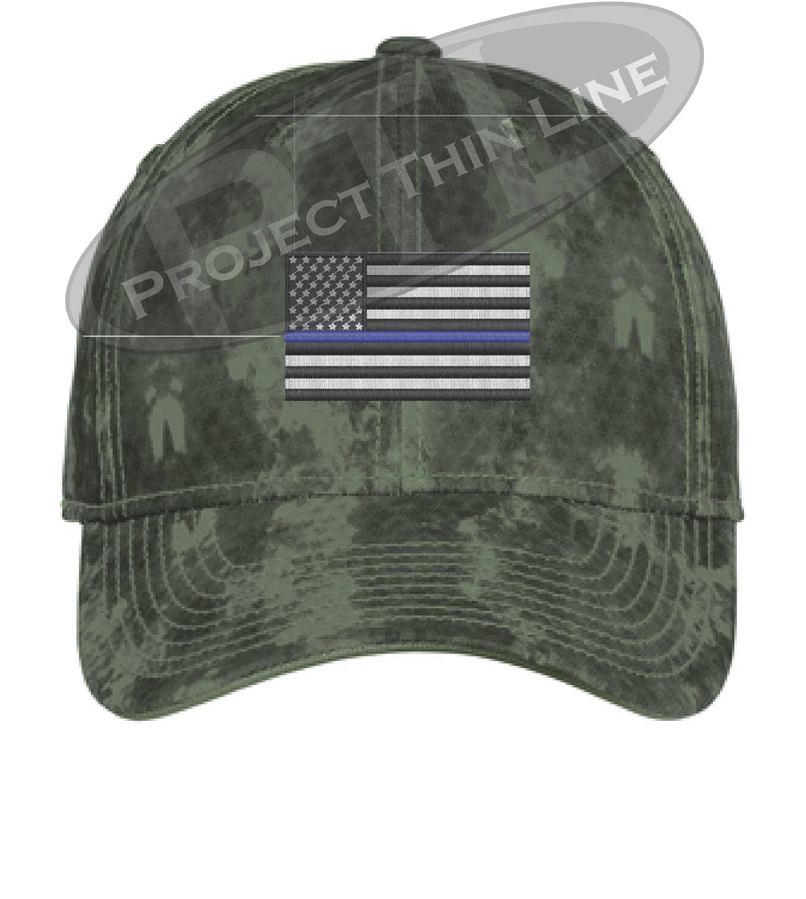 Washed Camo Thin Blue Line American Flag Flex Fit Fitted Hat