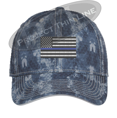 Navy Blue Washed Camo Thin Blue Line American Flag Flex Fit Fitted Hat