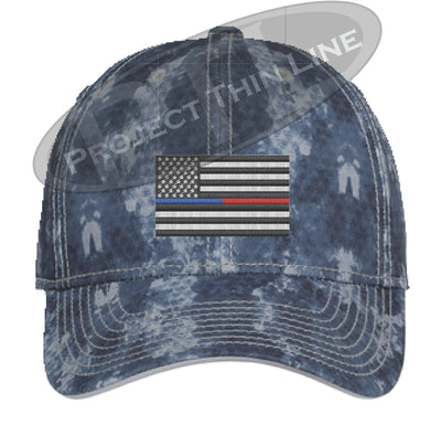 Navy Washed Camo Thin Blue / Red Line American Flag Flex Fit Fitted Hat