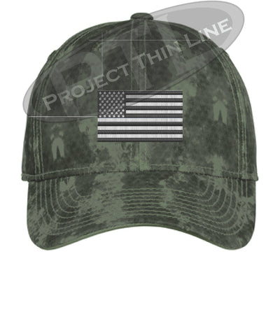 GREEN Washed Camo Embroidered Tactical / Subdued American Flag Flex Fit Fitted Hat