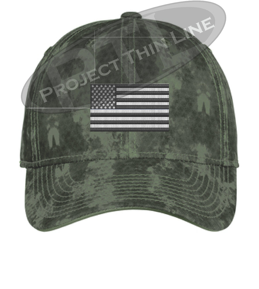 GREY Washed Camo Embroidered Tactical / Subdued American Flag Flex Fit Fitted Hat
