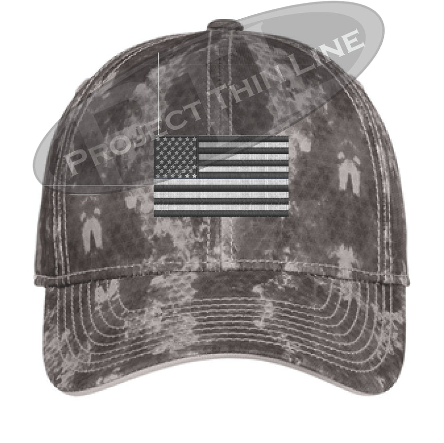 GREY Washed Camo Embroidered Tactical / Subdued American Flag Flex Fit Fitted Hat