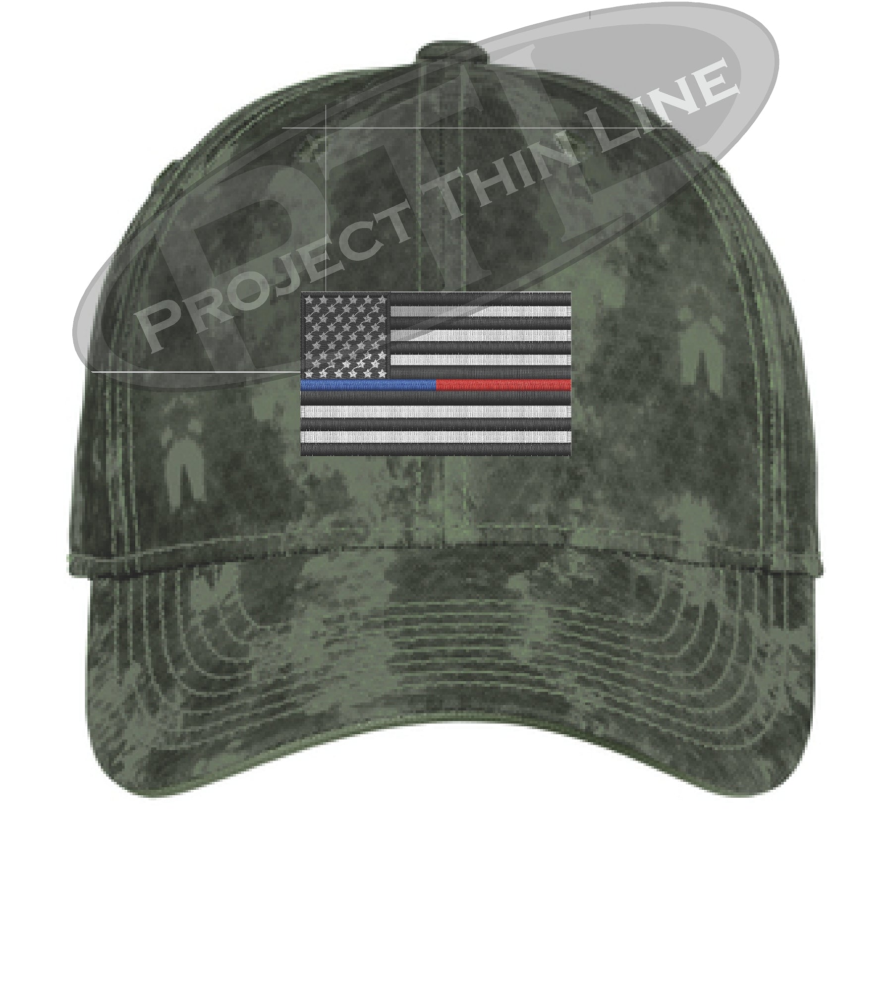 Green Washed Camo Thin Blue / Red Line American Flag Flex Fit Fitted Hat