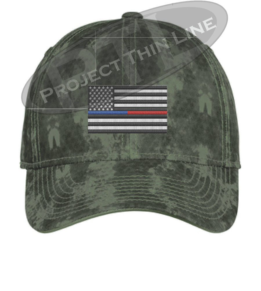 Green Washed Camo Thin Blue / Red Line American Flag Flex Fit Fitted Hat
