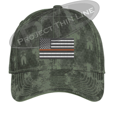 Green Washed Camo Thin ORANGE Line American Flag Flex Fit Fitted Hat