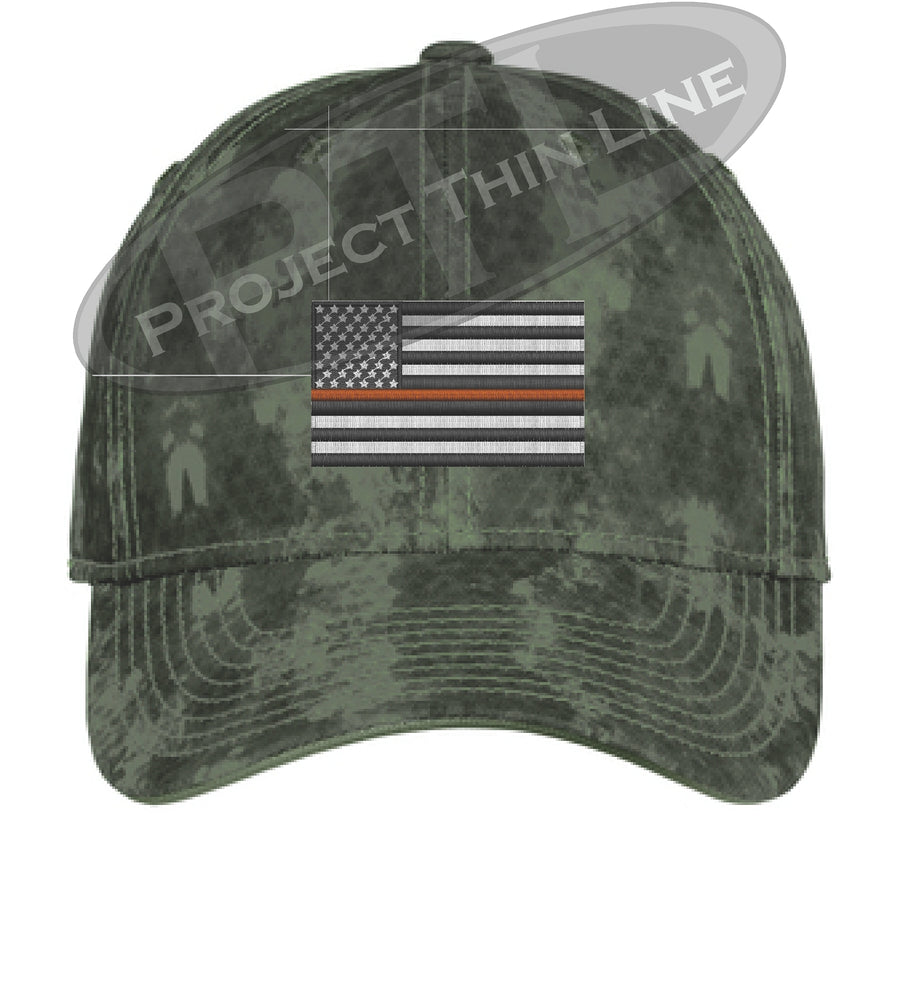 Grey Washed Camo Thin ORANGE Line American Flag Flex Fit Fitted Hat