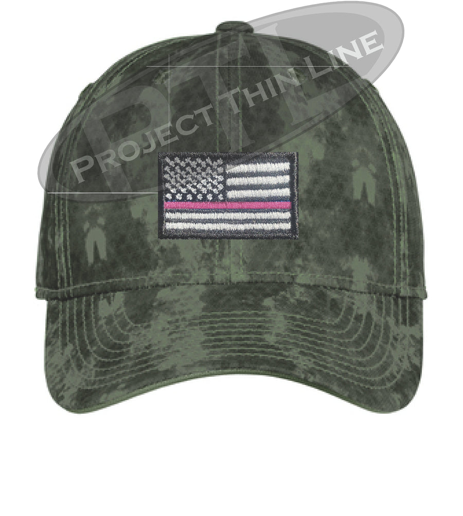 Washed Camo Thin PINK Line American Flag Flex Fit Fitted Hat