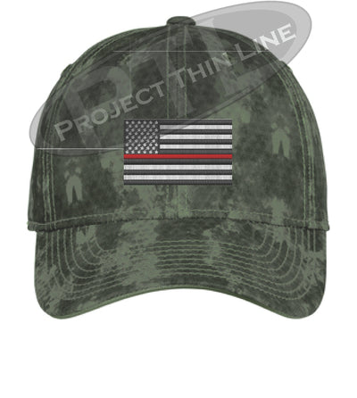 GREEN Washed Camo Thin RED Line American Flag Flex Fit Fitted Hat