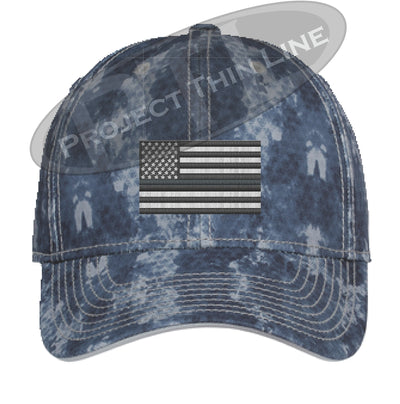 Navy Washed Camo Thin Silver Line American Flag Flex Fit Fitted Hat