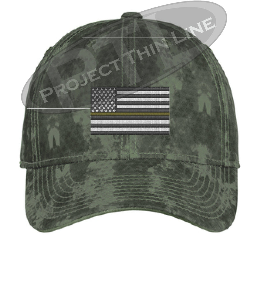 Washed Camo Thin GOLD Line American Flag Flex Fit Fitted Hat