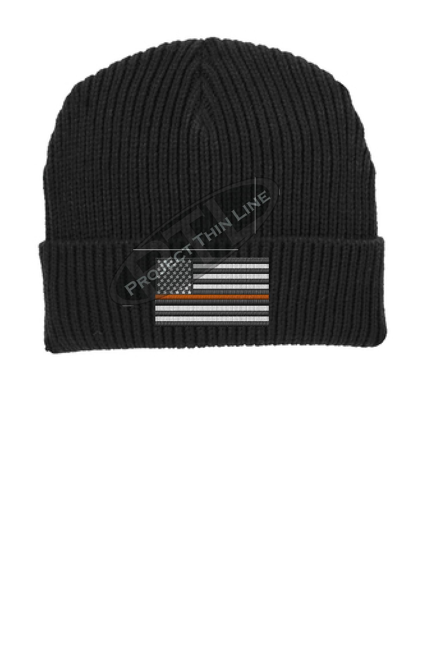Thin ORANGE Line American Flag Winter Watch Hat